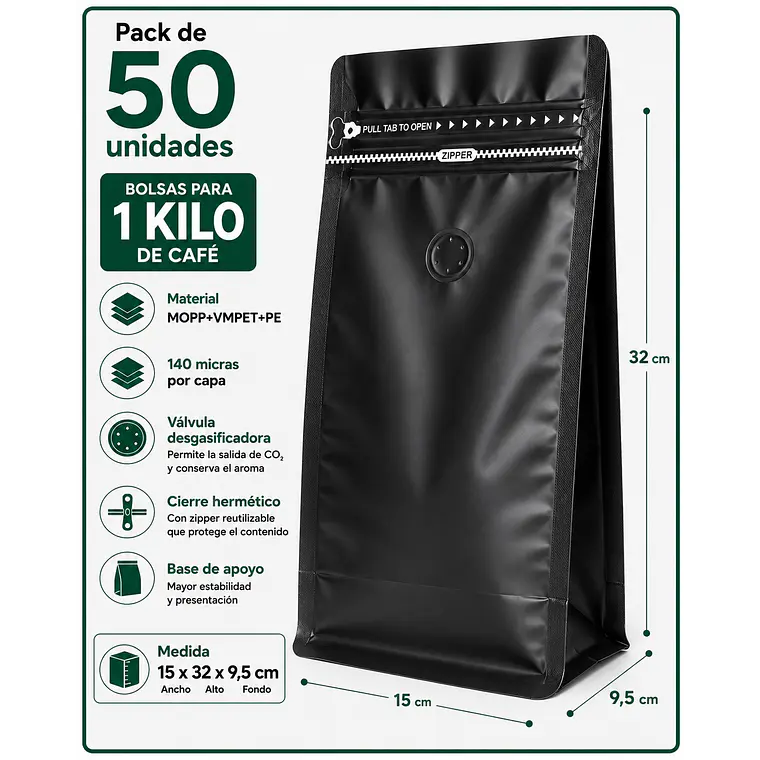 50 Bolsas Doypack 15x32x9,5 cm Metalizadas Color Negro con Válvula para 1 Kg de Café 1
