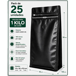 25 Bolsas Doypack 15x32x9,5 cm Metalizadas Color Negro con Válvula para 1 Kg de Café