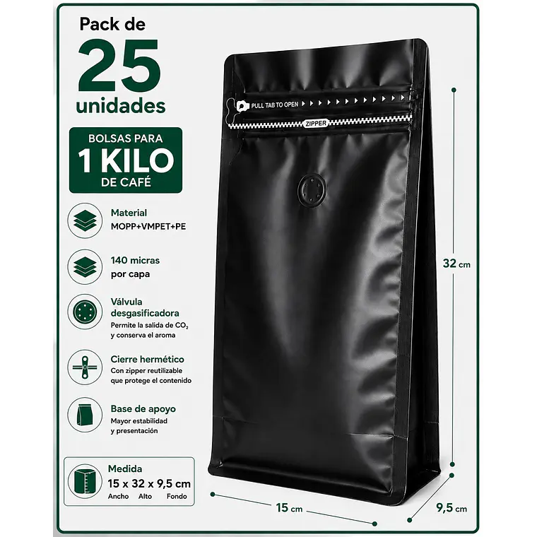 25 Bolsas Doypack 15x32x9,5 cm Metalizadas Color Negro con Válvula para 1 Kg de Café 1