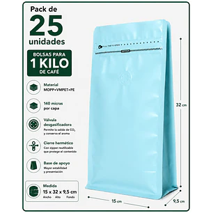 25 Bolsas Doypack 15x32x9,5 cm Metalizadas Color Celeste con Válvula para 1 Kg de Café