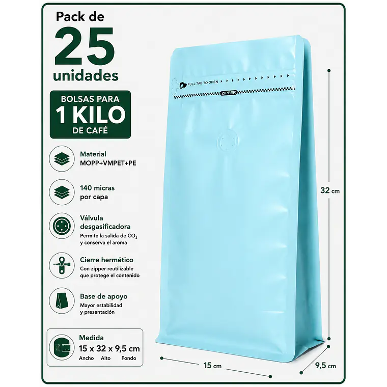25 Bolsas Doypack 15x32x9,5 cm Metalizadas Color Celeste con Válvula para 1 Kg de Café 1