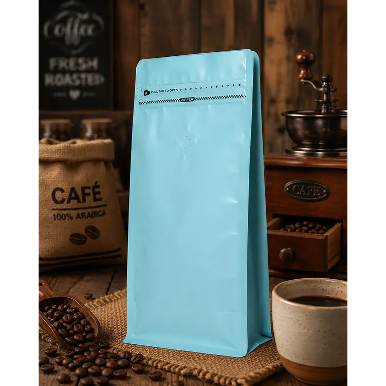 25 Bolsas Doypack 15x32x9,5 cm Metalizadas Color Celeste con Válvula para 1 Kg de Café 3