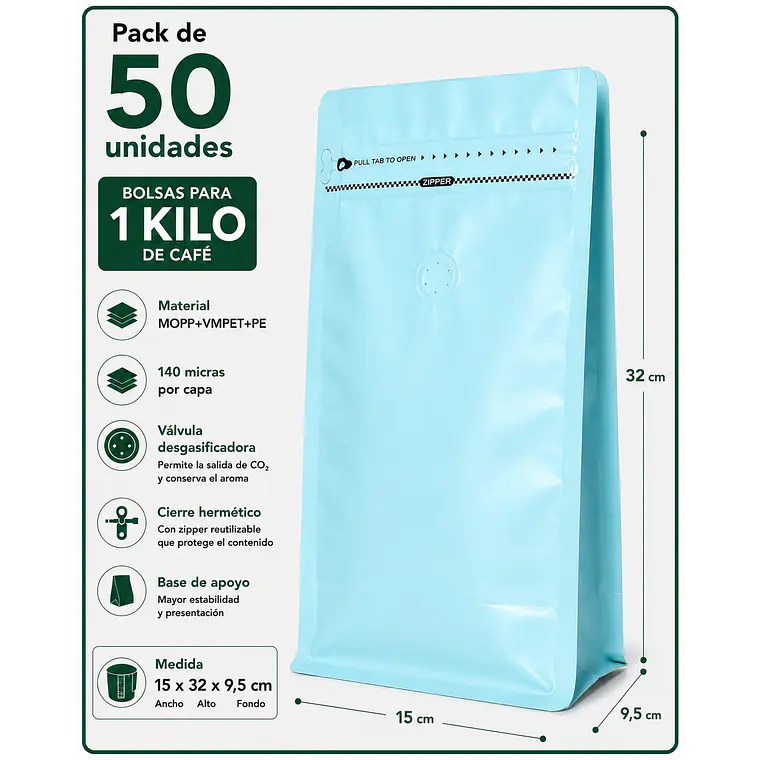 50 Bolsas Doypack 15x32x9,5 cm Metalizadas Color Celeste con Válvula para 1 Kg de Café 1