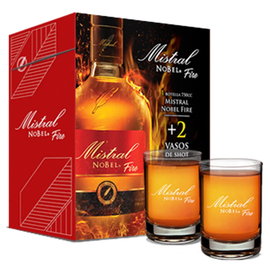 Pack Pisco Mistral Nobel Fire 30° 750cc + 2 Shot 1
