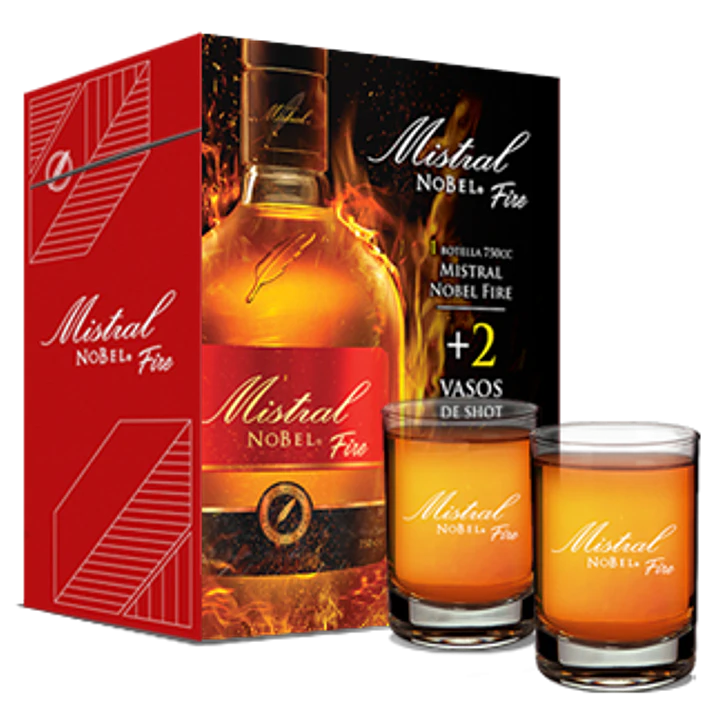 Pack Pisco Mistral Nobel Fire 30° 750cc + 2 Shot 1