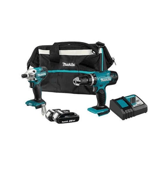 COMBO INALAMBRICO 18V TALADRO PERCUTOR MAKITA DHP453 + ATORNILLADOR DE IMPACTO MAKITA DTD156 + 2 BATERIAS 1.5AH + CARGADOR DC18SD + BOLSO MAKITA