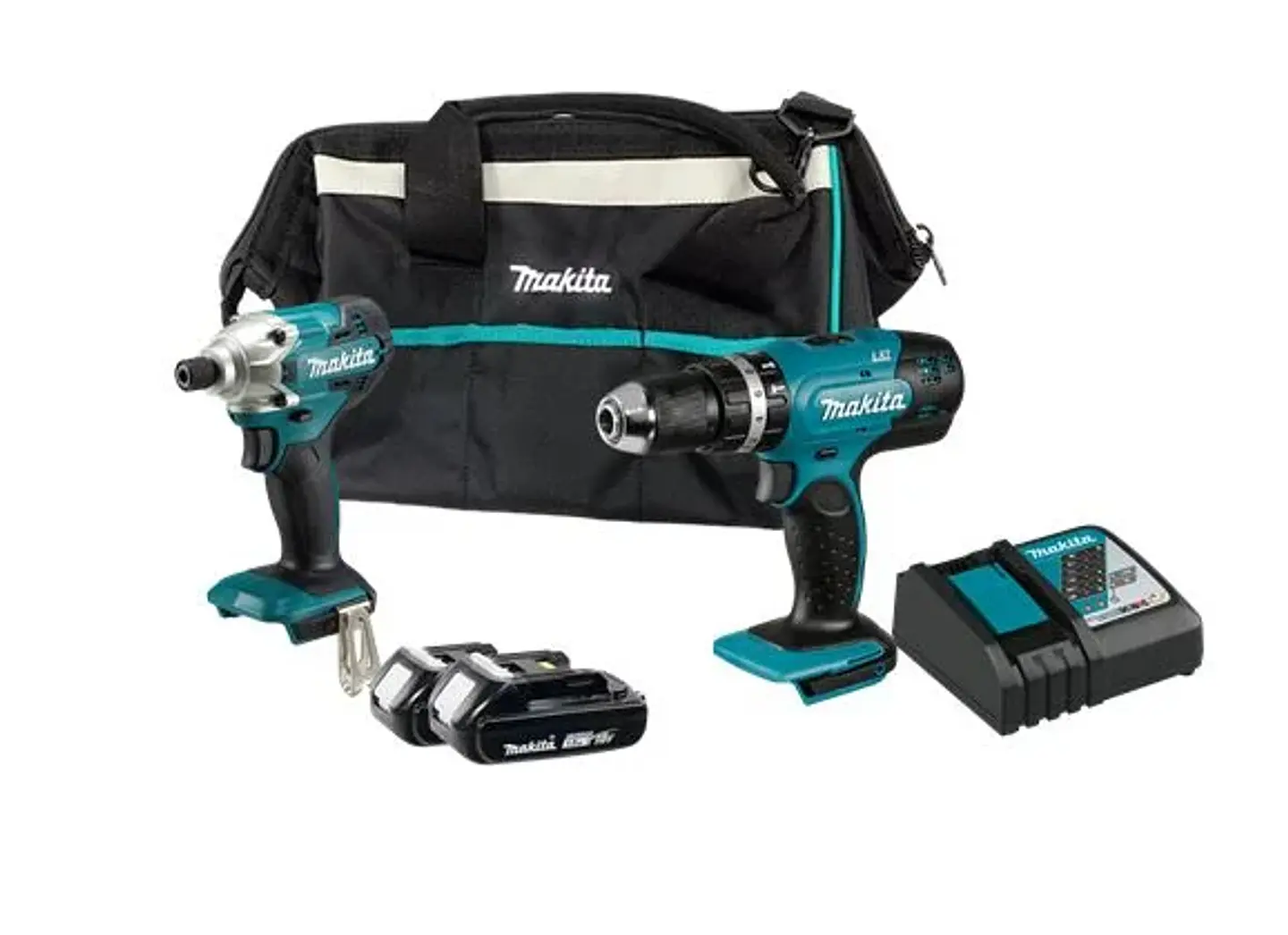COMBO INALAMBRICO 18V TALADRO PERCUTOR MAKITA DHP453 + ATORNILLADOR DE IMPACTO MAKITA DTD156 + 2 BATERIAS 1.5AH + CARGADOR DC18SD + BOLSO MAKITA 1