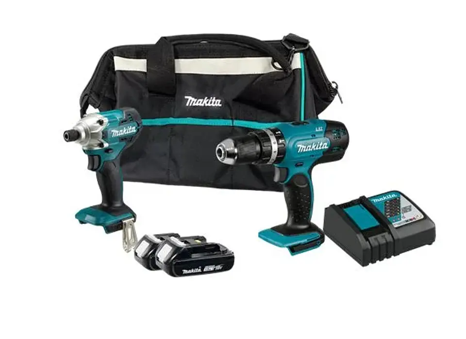 COMBO INALAMBRICO 18V TALADRO PERCUTOR MAKITA DHP453 + ATORNILLADOR DE IMPACTO MAKITA DTD156 + 2 BATERIAS 1.5AH + CARGADOR DC18SD + BOLSO MAKITA 1