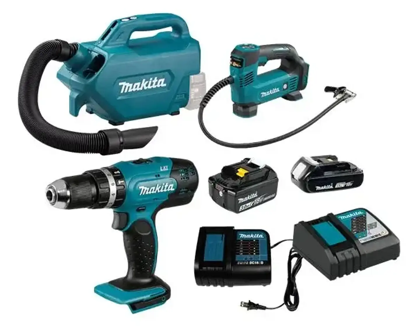 COMBO ASPIRADORA DCL184 CON TALADRO DHP453 E INFLADOR iNALAMBRICO DMP180 MAKITA 1