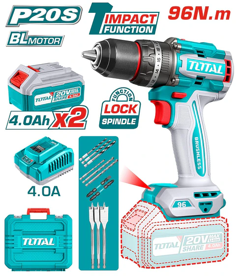TALADRO INALAMBRICO DE IMPACTO 13MM 20V 96NM+ BATERIA TOTAL