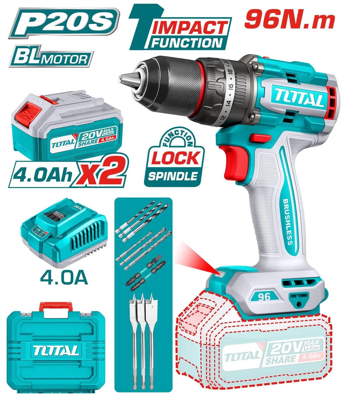 TALADRO INALAMBRICO DE IMPACTO 13MM 20V 96NM+ BATERIA TOTAL 1