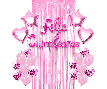 Set de globos y cortina decorativa fucsia/rosado*3*10