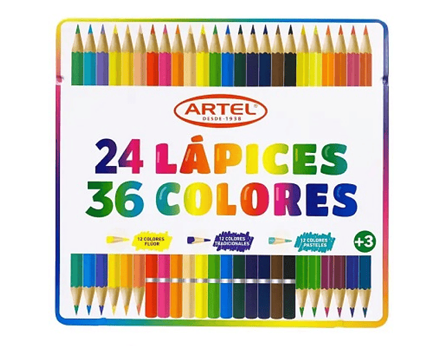 Set lapiz color 24un 36col caja metal artel-3-6
