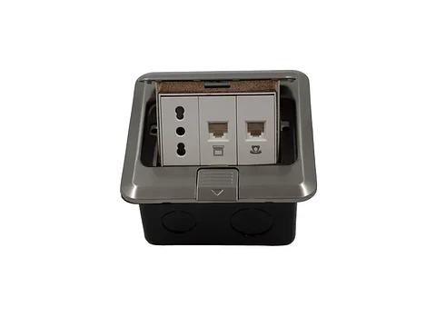 Caja DE piso pop-up mealica 1 enchufe 10/16A+TOMA internet RJ45+TOMA telefono RJ11