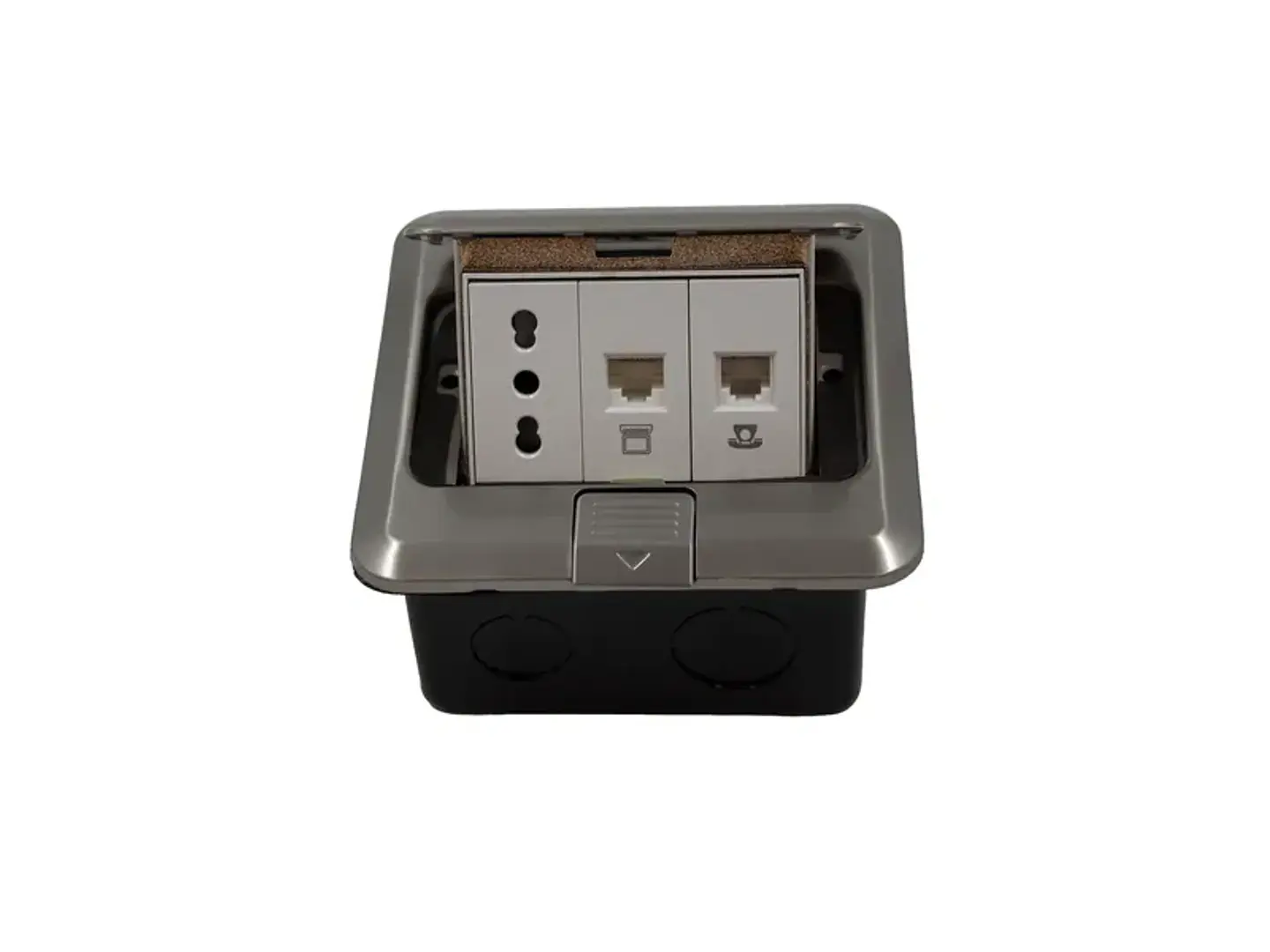 Caja DE piso pop-up mealica 1 enchufe 10/16A+TOMA internet RJ45+TOMA telefono RJ11 1