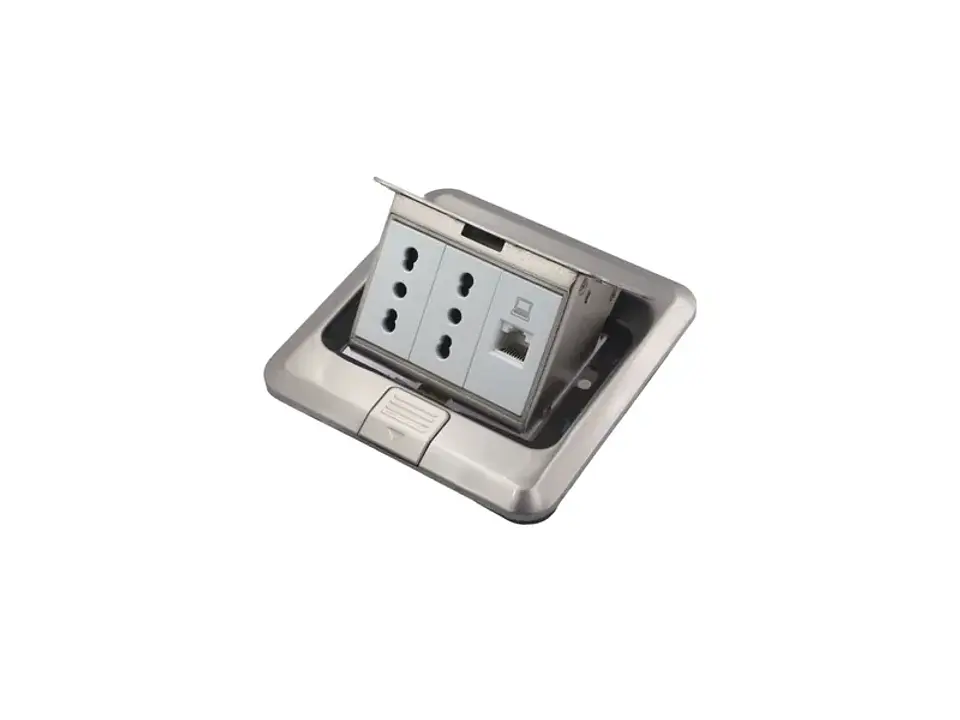 Caja DE piso pop-up metálica 2 enchufes 10/16A+TOMA internet RJ45 1