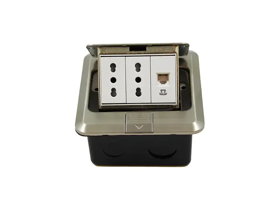Caja DE piso pop-up metálica 2 enchufes 10/16A+TOMA telefono RJ11 1
