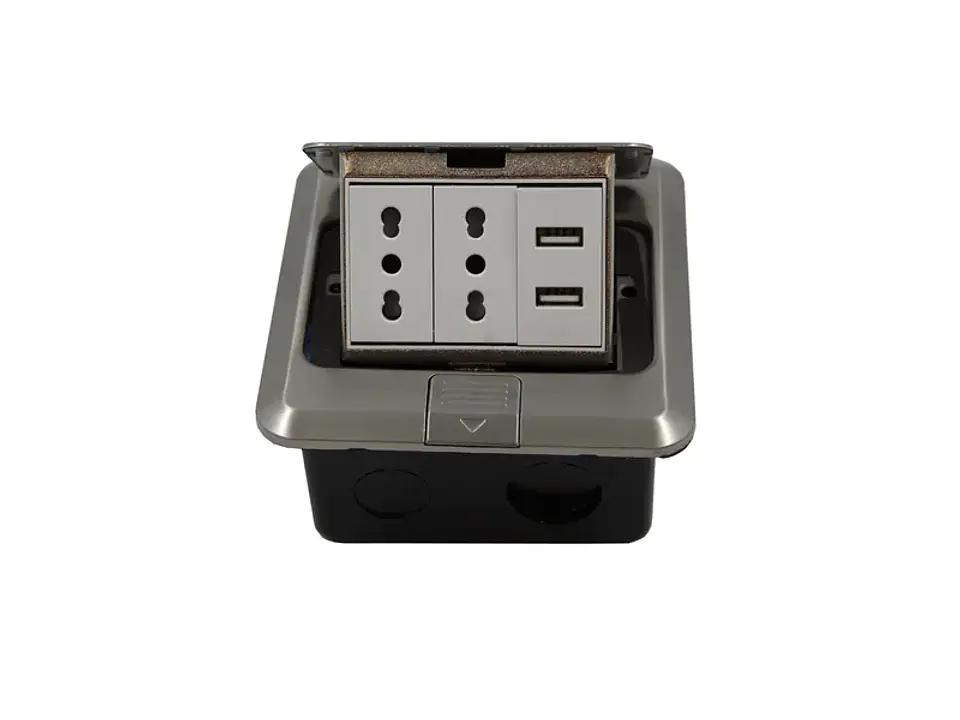 Caja DE piso pop-up metálica 2 enchufes 10/16A + 2 toma USB 1