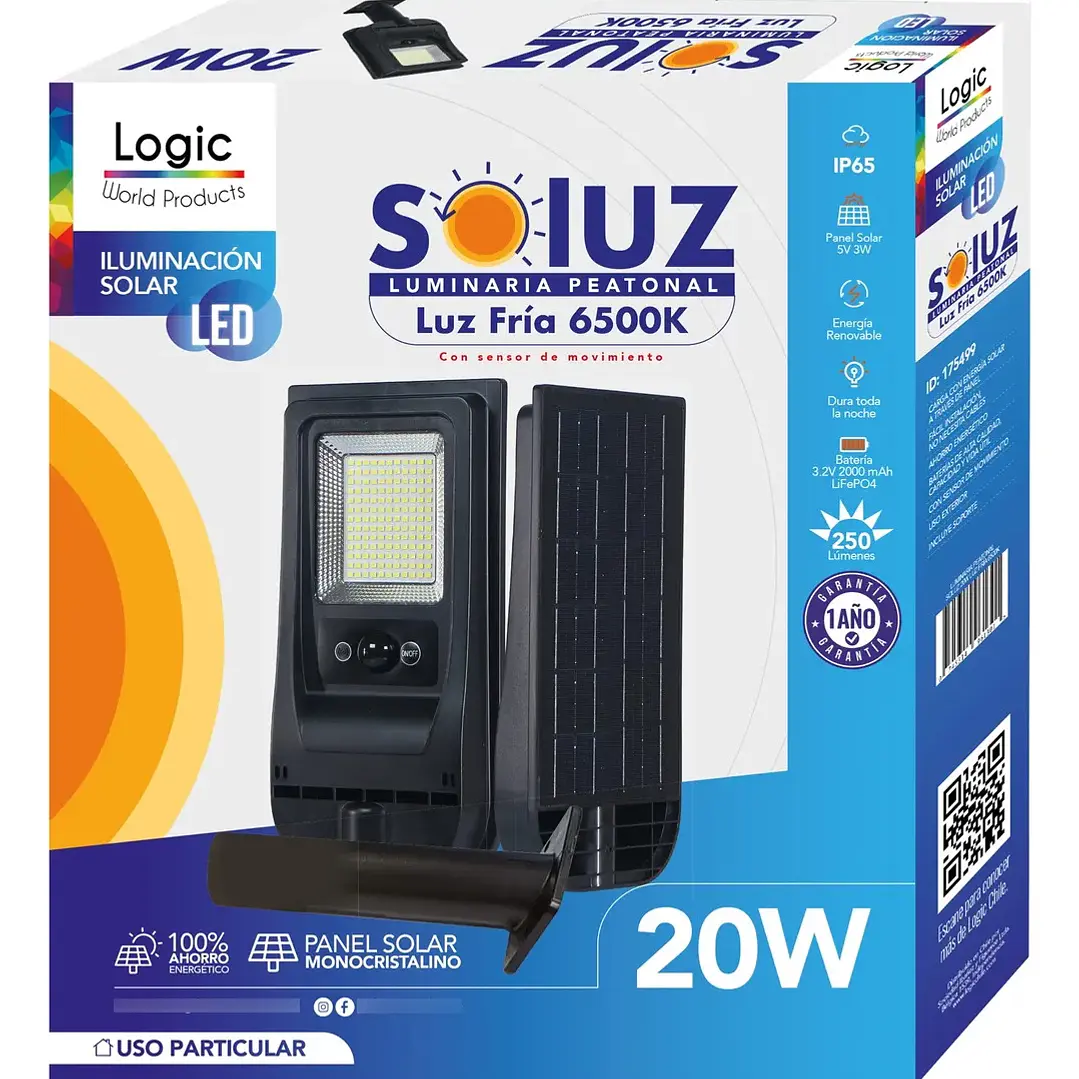 Luminaria Solar 20w Con Sensor De Movimiento Luz Fría 6500k 1