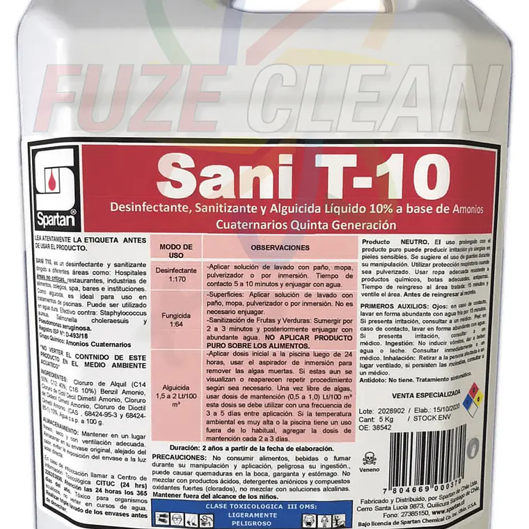 Amonio Cuaternario 10%  5ta Gen.  Sani T-10  SPARTAN 1