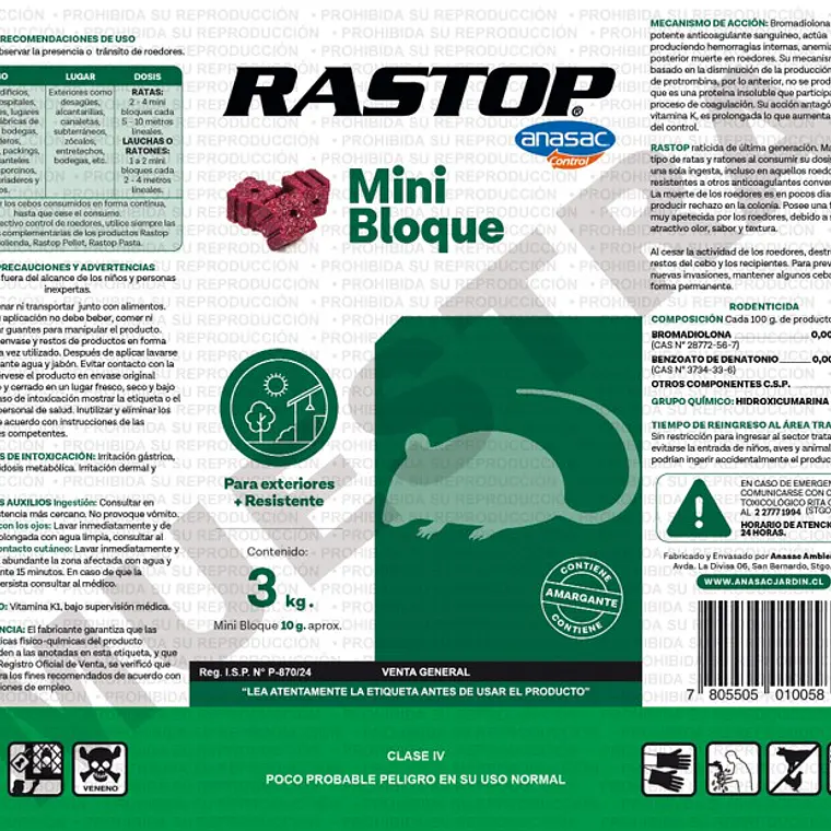 Veneno para Ratones / Raticida RASTOP MINI BLOQUE  ANASAC 3