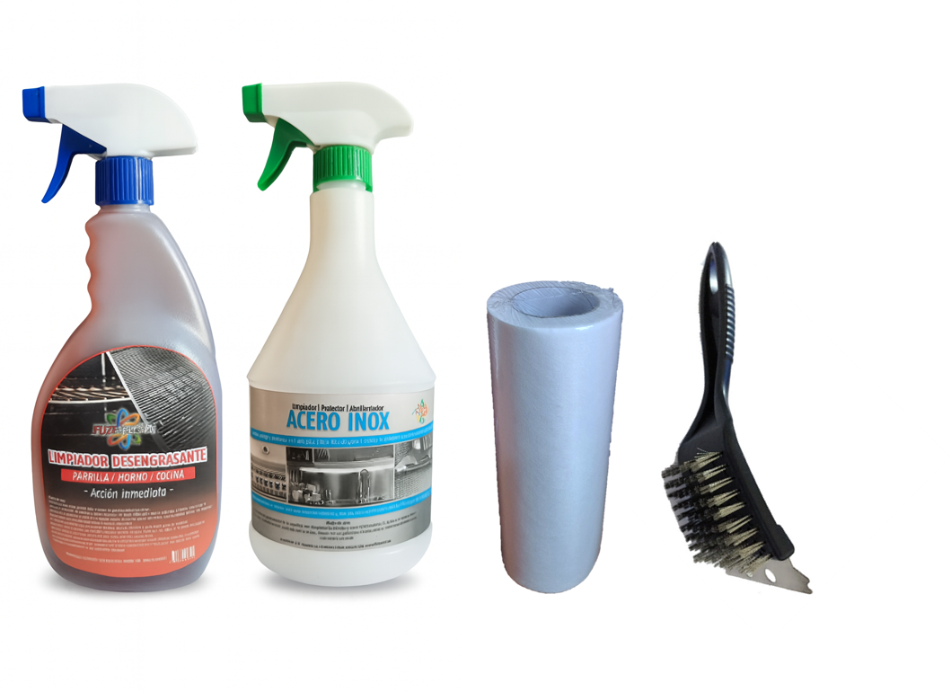 Desengrasante parrillas y hornos + Protector Acero Inox + 50 paños + Cepillo