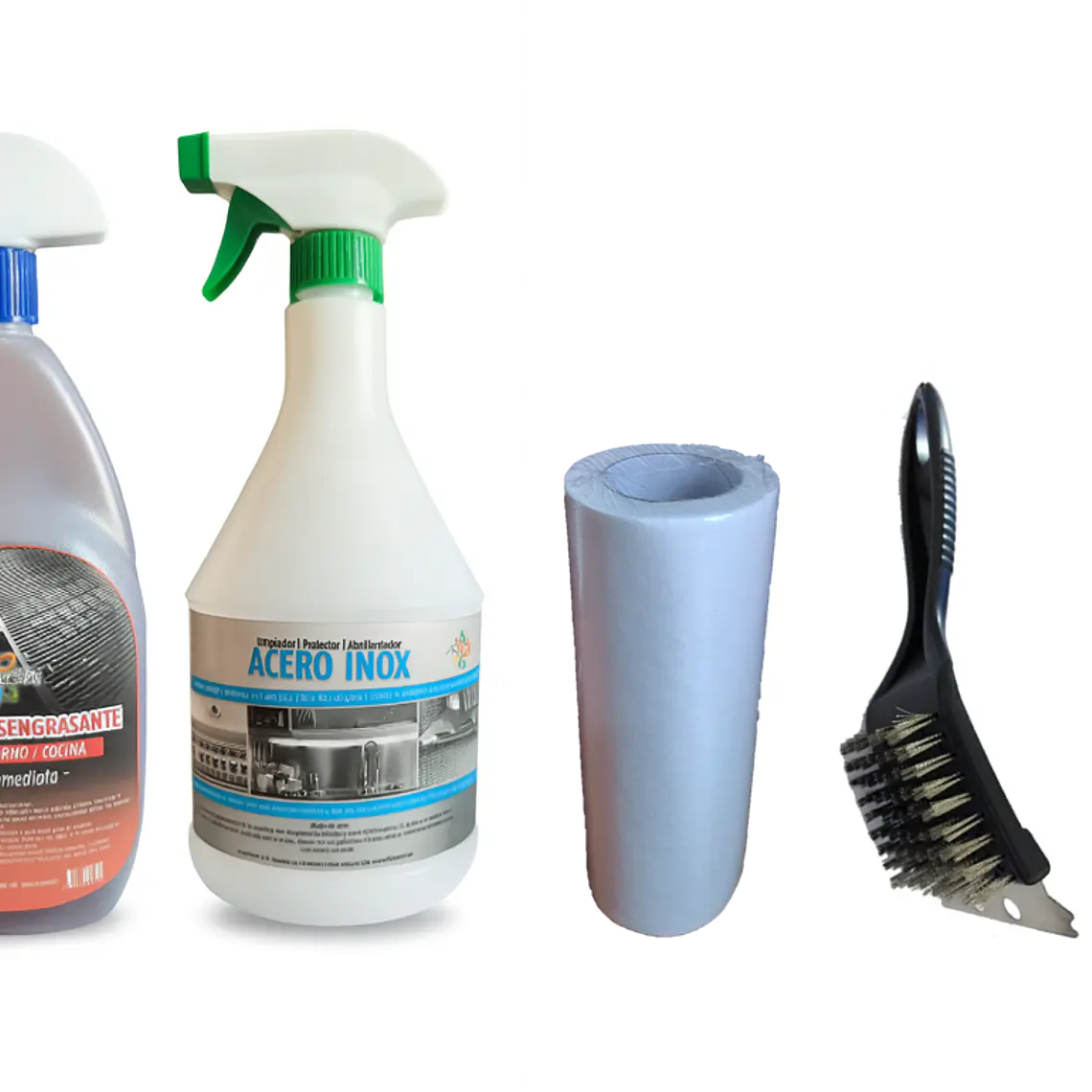 Desengrasante parrillas y hornos + Protector Acero Inox + 50 paños + Cepillo  1