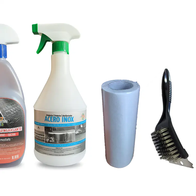 Desengrasante parrillas y hornos + Protector Acero Inox + 50 paños + Cepillo  1