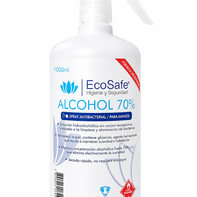 Spray Antibacterial para Manos y Superficies EcoSafe 1 Litro | Alcohol 70% Secado Rápido 1