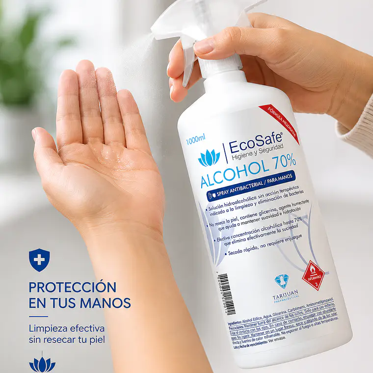 Spray Antibacterial para Manos y Superficies EcoSafe 1 Litro | Alcohol 70% Secado Rápido 2