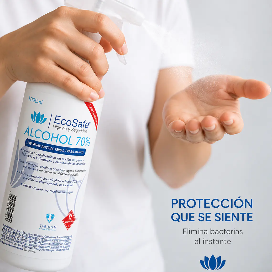Spray Antibacterial para Manos y Superficies EcoSafe 1 Litro | Alcohol 70% Secado Rápido 3