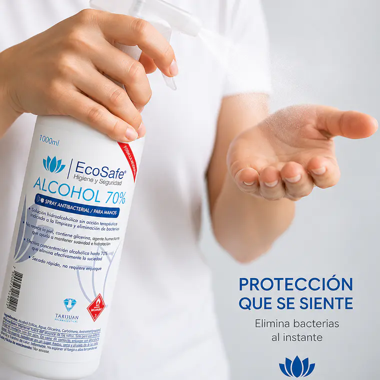 Spray Antibacterial para Manos y Superficies EcoSafe 1 Litro | Alcohol 70% Secado Rápido 3