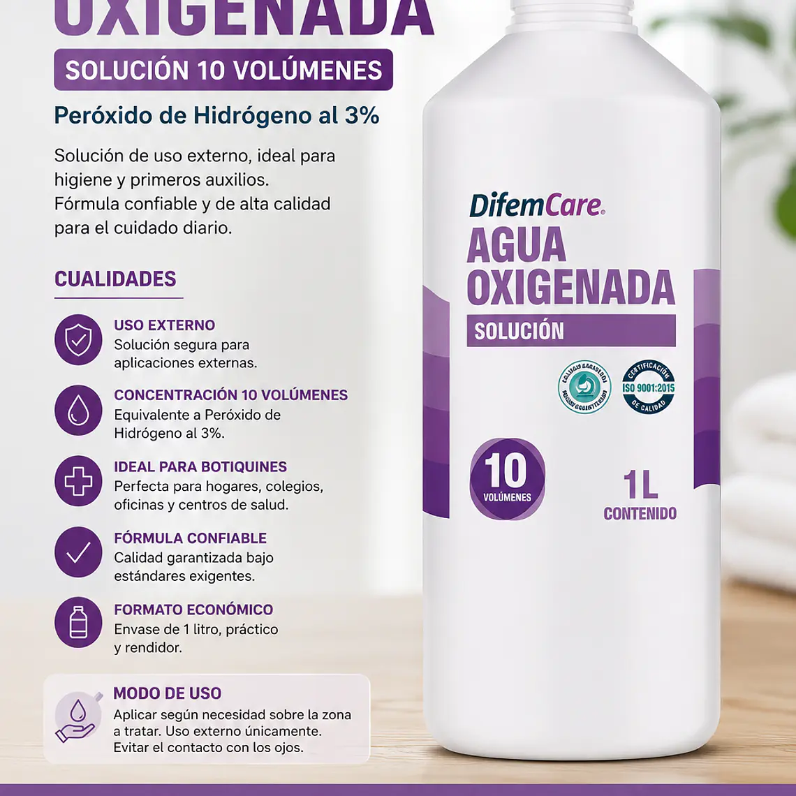Agua Oxigenada 10 Volúmenes Difem Care 1 Litro | Peróxido de Hidrógeno 3% 2