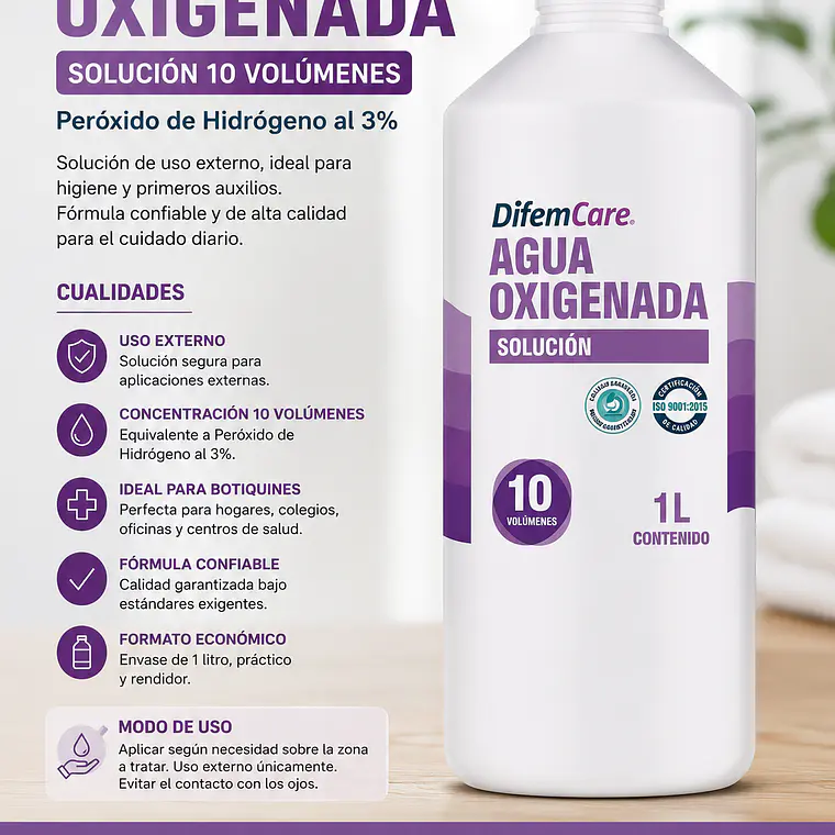 Agua Oxigenada 10 Volúmenes Difem Care 1 Litro | Peróxido de Hidrógeno 3% 2
