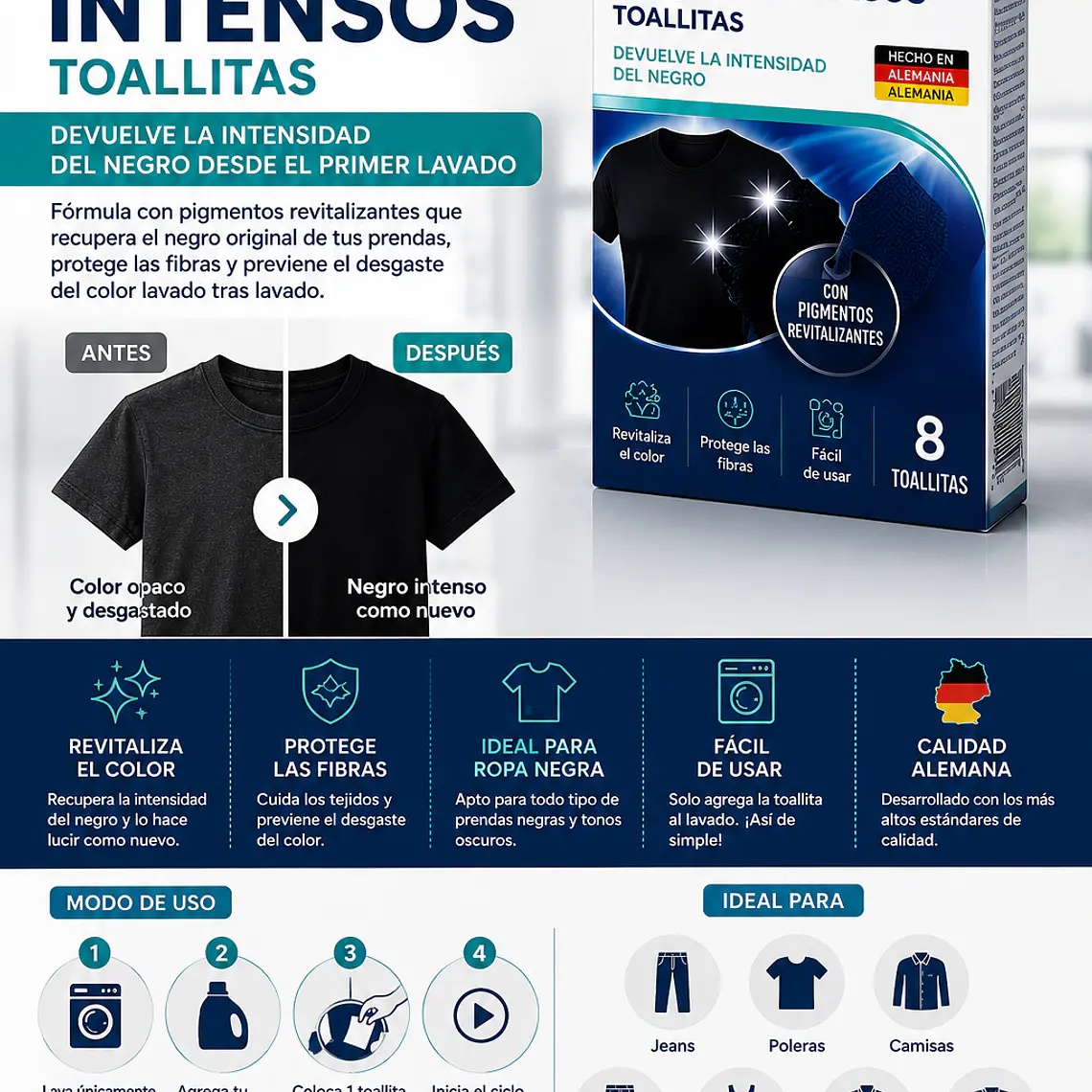 Dr. Beckmann Negros Intensos 8 Toallitas | Recupera el Color de tu Ropa Negra 3