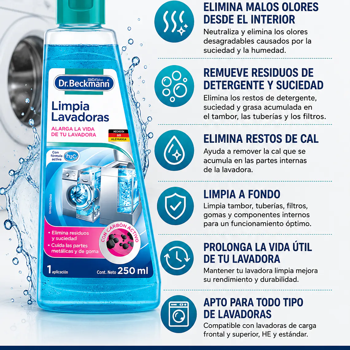 Limpia Lavadoras 250 ml  Dr. Beckmann  | Elimina Olores y Residuos 2