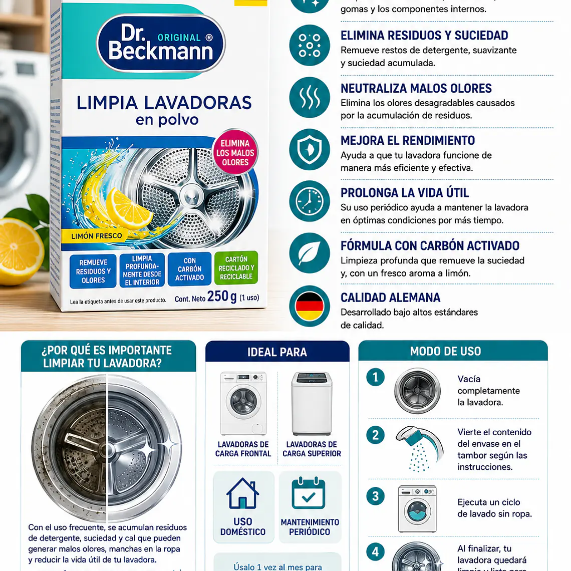 Limpia Lavadoras en Polvo 250 g Dr. Beckmann  | Elimina Residuos, Olores y Bacterias 2