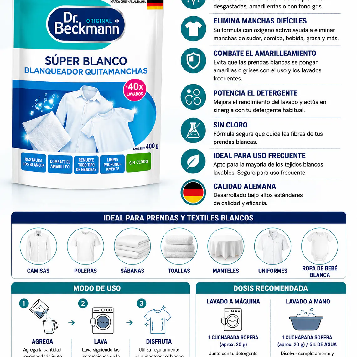Super Blanco Doypack 400 g  Dr. Beckmann| Potenciador para Ropa Blanca 2