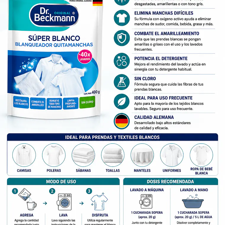 Super Blanco Doypack 400 g  Dr. Beckmann| Potenciador para Ropa Blanca 2