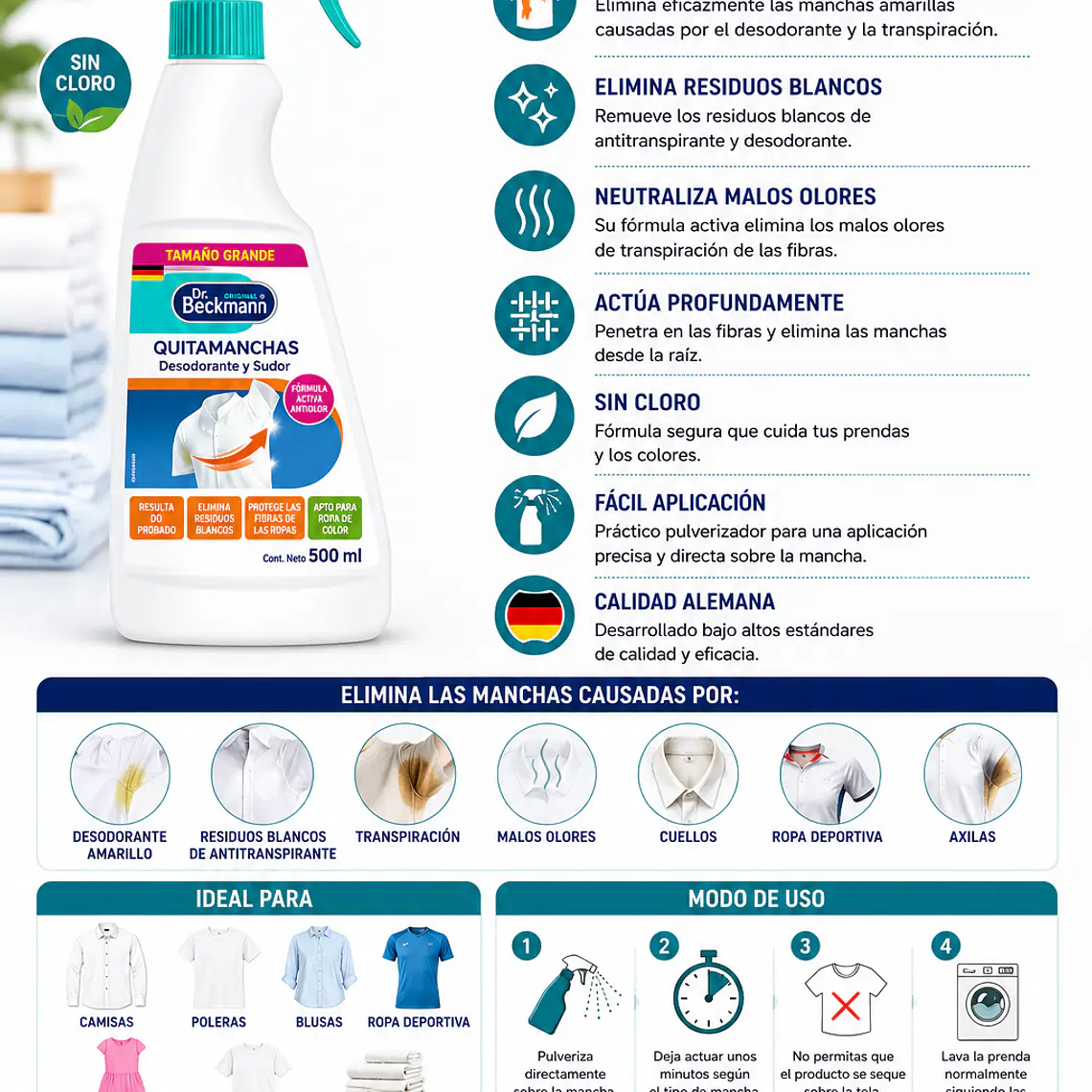 Quitamanchas Desodorante 500 ml Dr. Beckmann  | Elimina Manchas y Olores de Transpiración 2