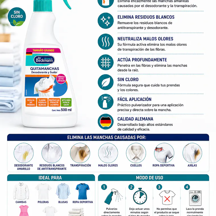 Quitamanchas Desodorante 500 ml Dr. Beckmann  | Elimina Manchas y Olores de Transpiración 2