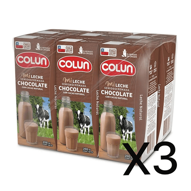 Pack Leche Semi Descremada Colun Sabor Chocolate 6 x 200 ml (PACK X 3)
