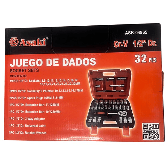 Juego De Dados Con Chicharra Y Extension 1/2'' 32pcs Maleta ASAKI