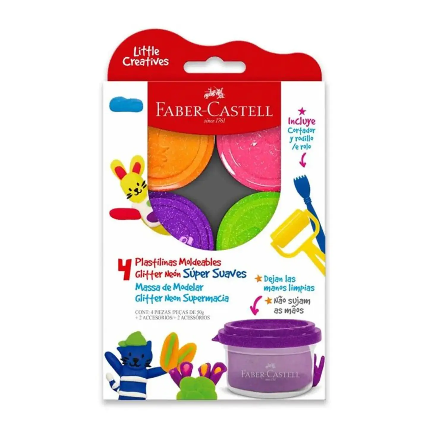 Masa para Modelar Faber Castell Little Creatives 50g 4 Colores Neón 1