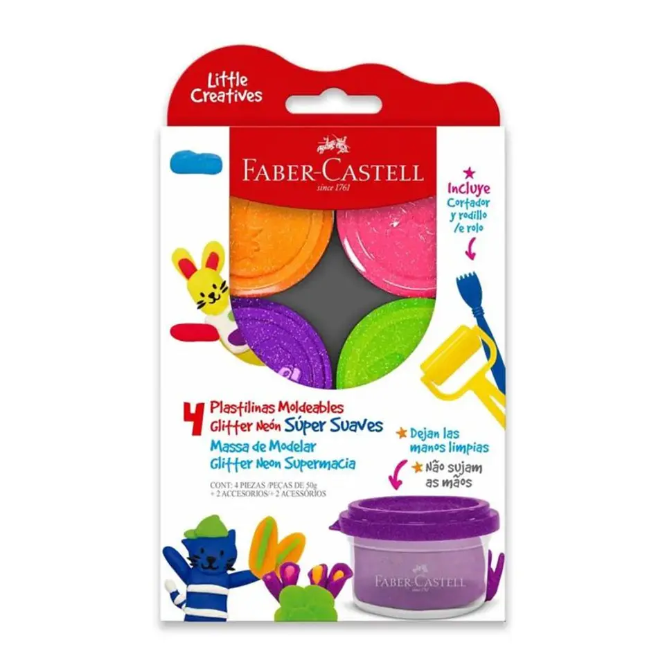 Masa para Modelar Faber Castell Little Creatives 50g 4 Colores Neón 1