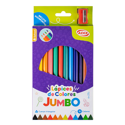 Lápiz JUMBO c/Sacapuntas 12 Colores ADIX