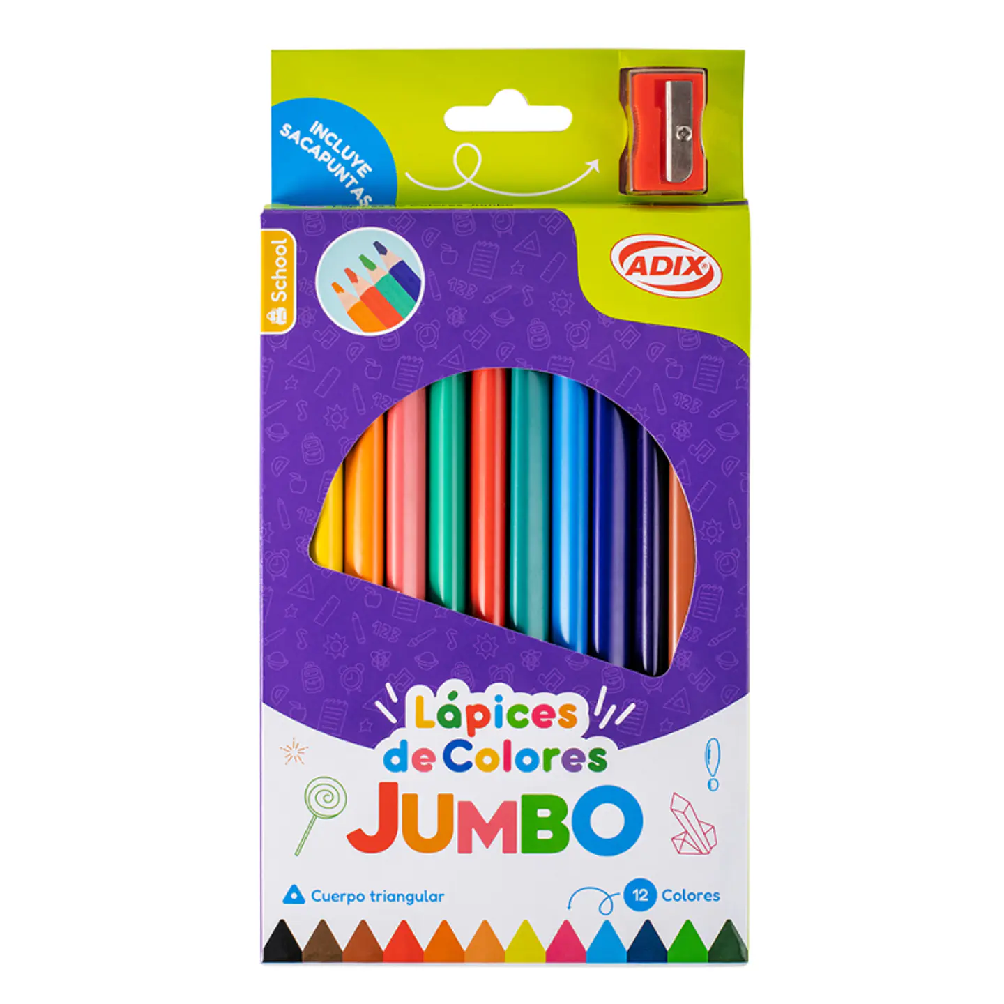 Lápiz JUMBO c/Sacapuntas 12 Colores ADIX 1