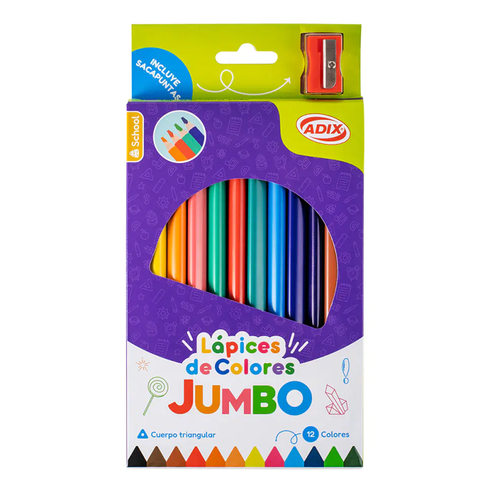 Lápiz JUMBO c/Sacapuntas 12 Colores ADIX 1