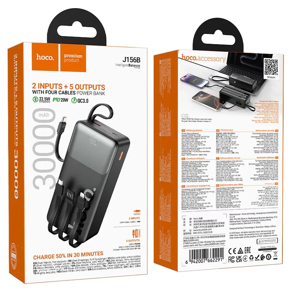 Cargador Portátil Power Bank HOCO J156B 22.5W + PD 20W 30000mAh 5