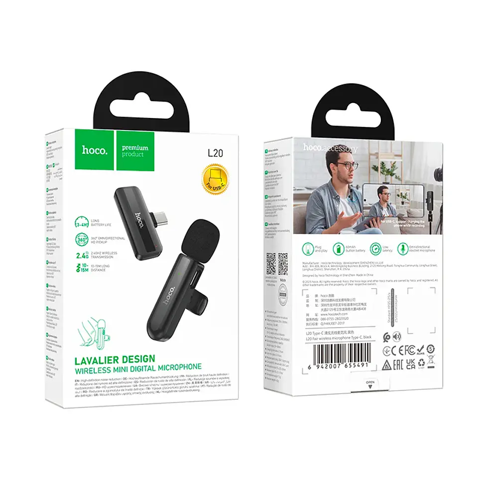 Micrófono Inalámbrico HOCO L20 Tipo-C Android, iPhone 15/16  3